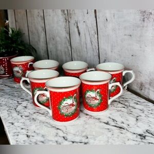 Vintage 1985 Red & White Mugs Christmas Goose Wreath George Good By Fabrizio